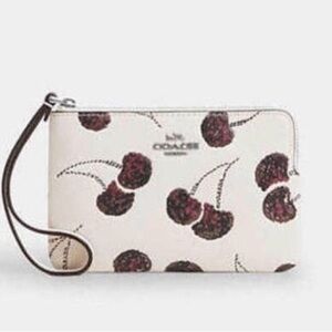 COACH Corner Zip Wristlet With Cherry Print on Chalk